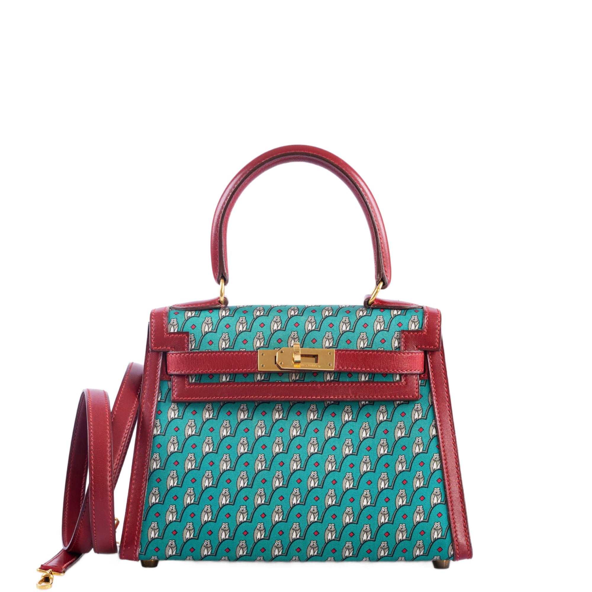 Hermès Vintage Kelly 20 Sellier Owl Print Turquoise Silk & Rouge Vif Box Calf Gold Hardware