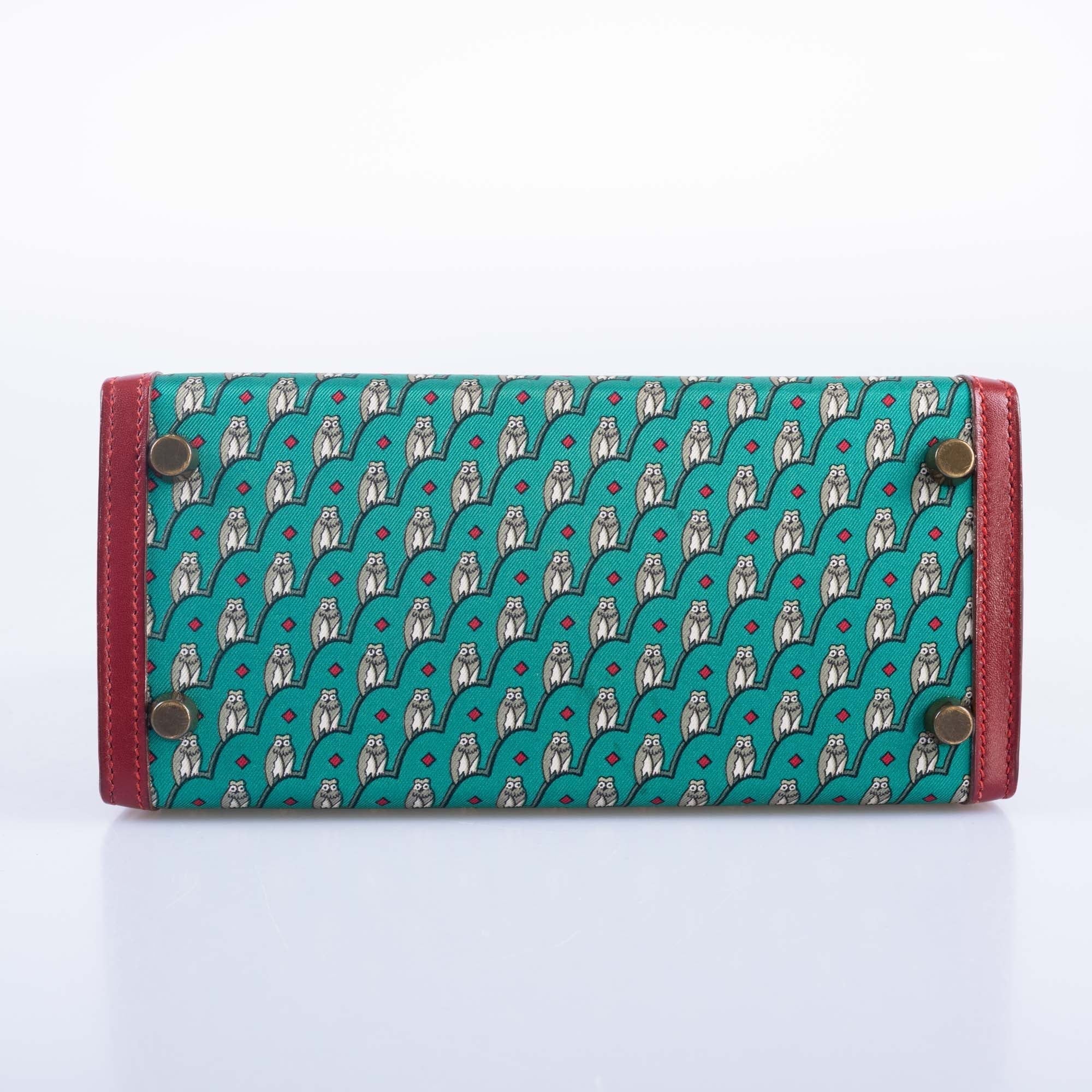 Hermès Vintage Kelly 20 Sellier Owl Print Turquoise Silk & Rouge Vif Box Calf Gold Hardware