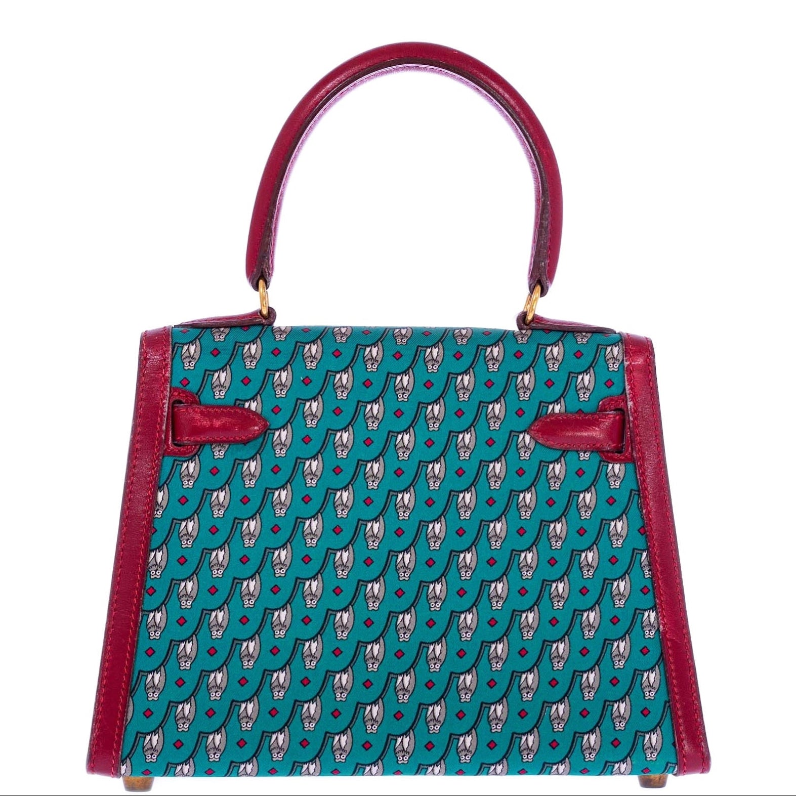 Hermès Vintage Kelly 20 Sellier Owl Print Turquoise Silk & Rouge Vif Box Calf Gold Hardware