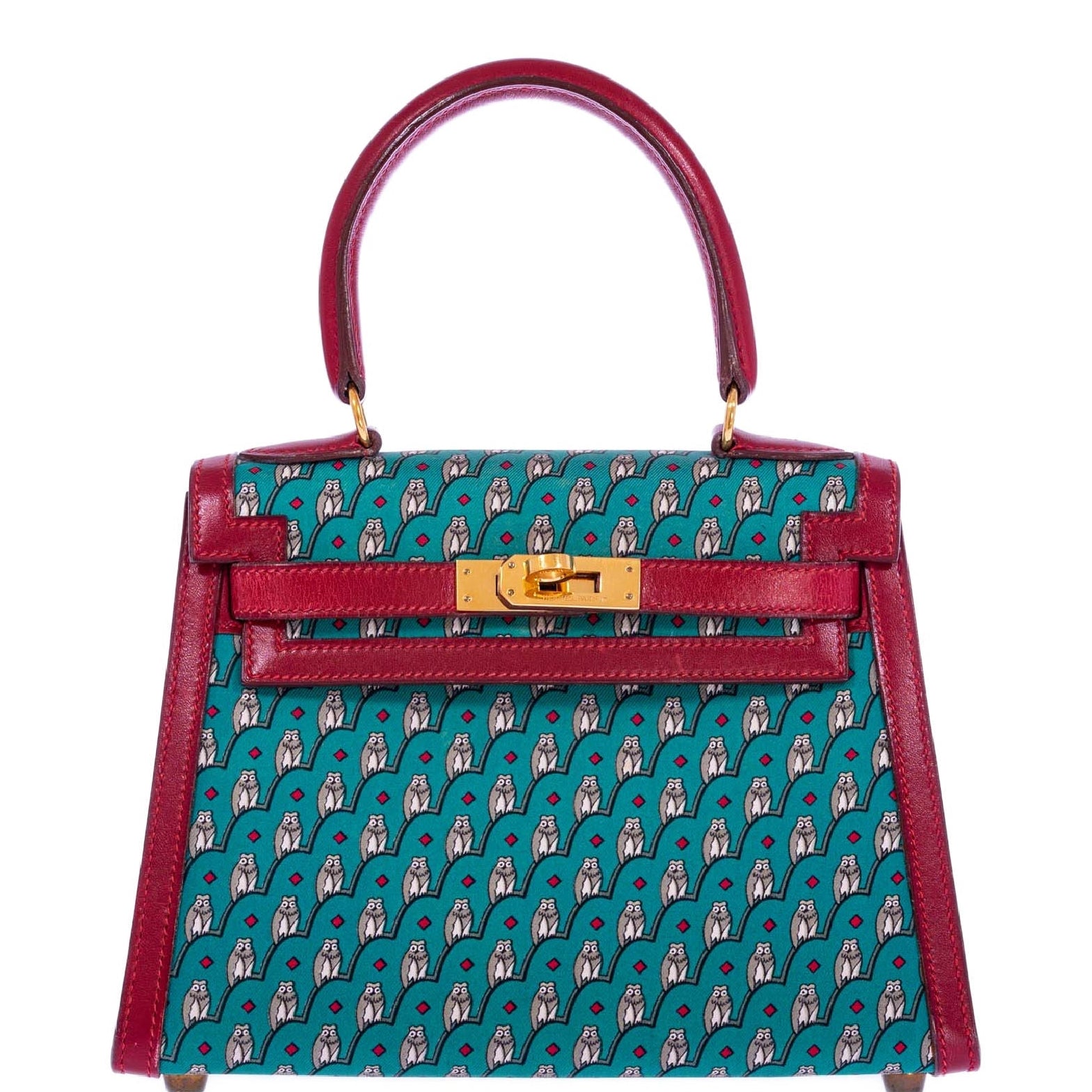 Hermès Vintage Kelly 20 Sellier Owl Print Turquoise Silk & Rouge Vif Box Calf Gold Hardware