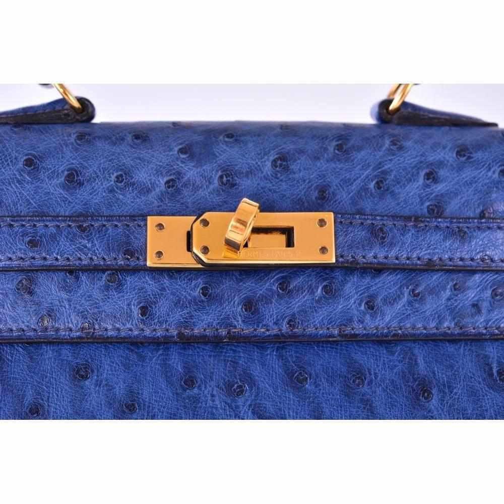 Hermès Vintage Mini Kelly 20 Sellier Bleu Saphir Ostrich Gold Hardware
