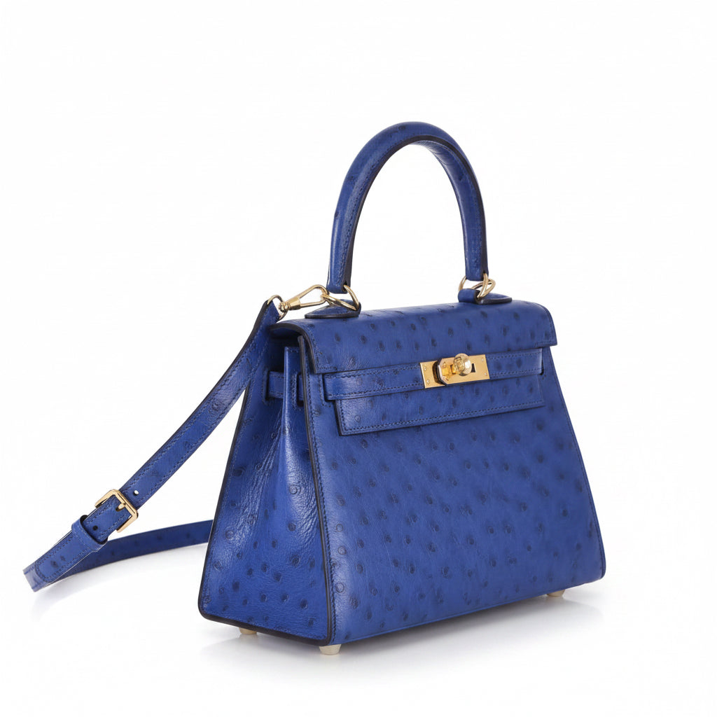 Hermès Vintage Mini Kelly 20 Sellier Bleu Saphir Ostrich Gold Hardware