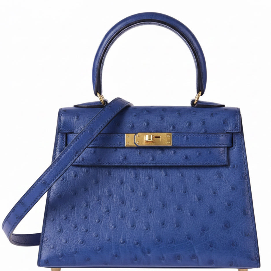 Hermès Vintage Mini Kelly 20 Sellier Bleu Saphir Ostrich Gold