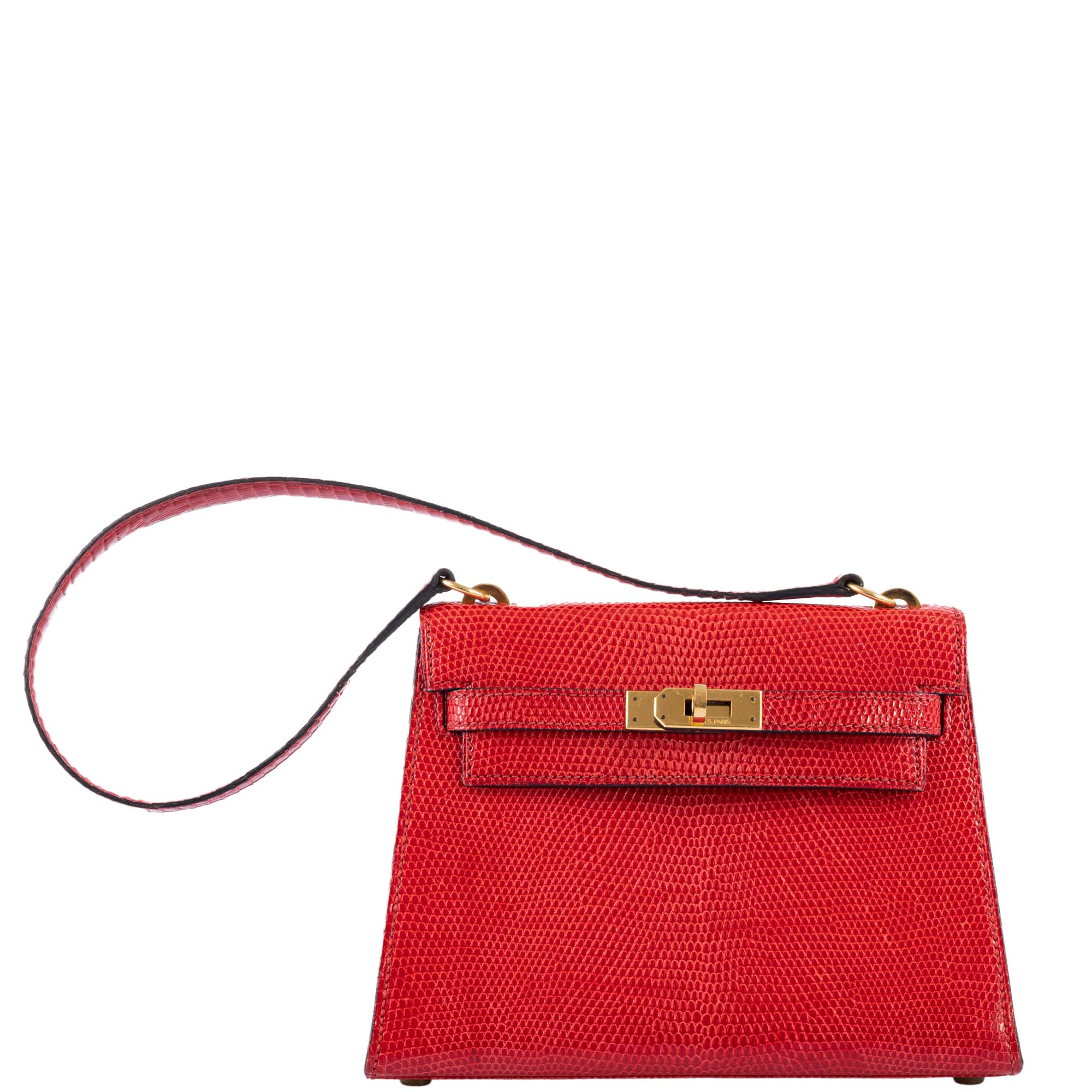 Hermès Vintage Mini Shoulder Kelly 20 Rouge Vif Lizard Gold Hardware