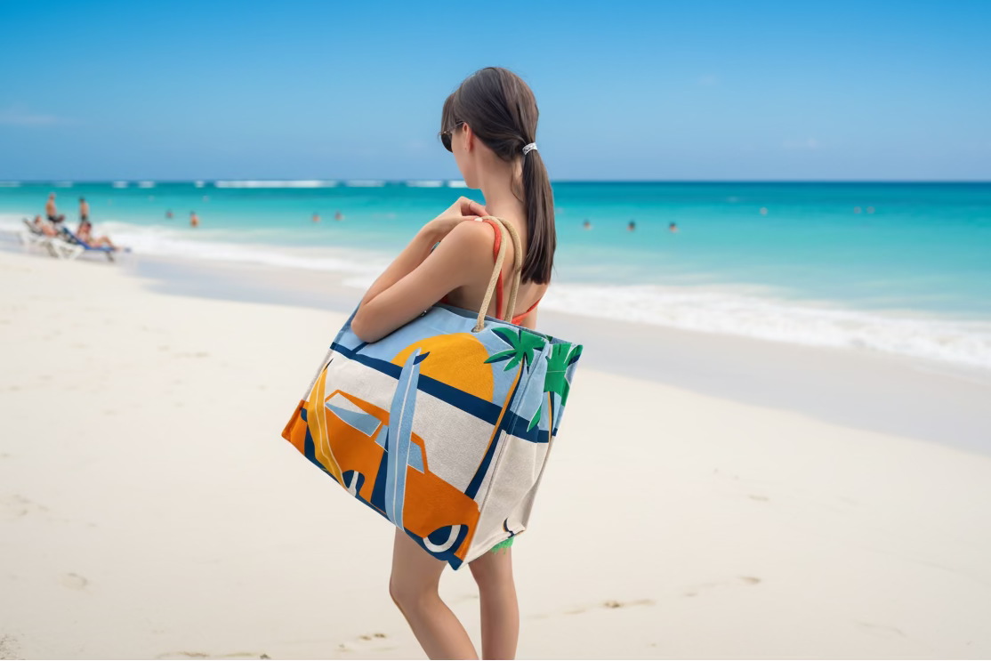 Hermès Wave Beach Tote Bleu Multicolor Printed Canvas