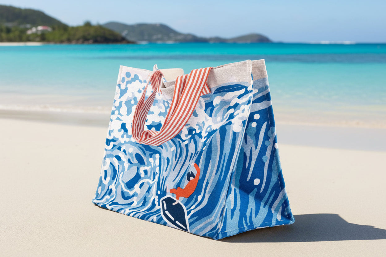 Hermès Wave Beach Tote Bleu Multicolor Printed Canvas | JANEFINDS