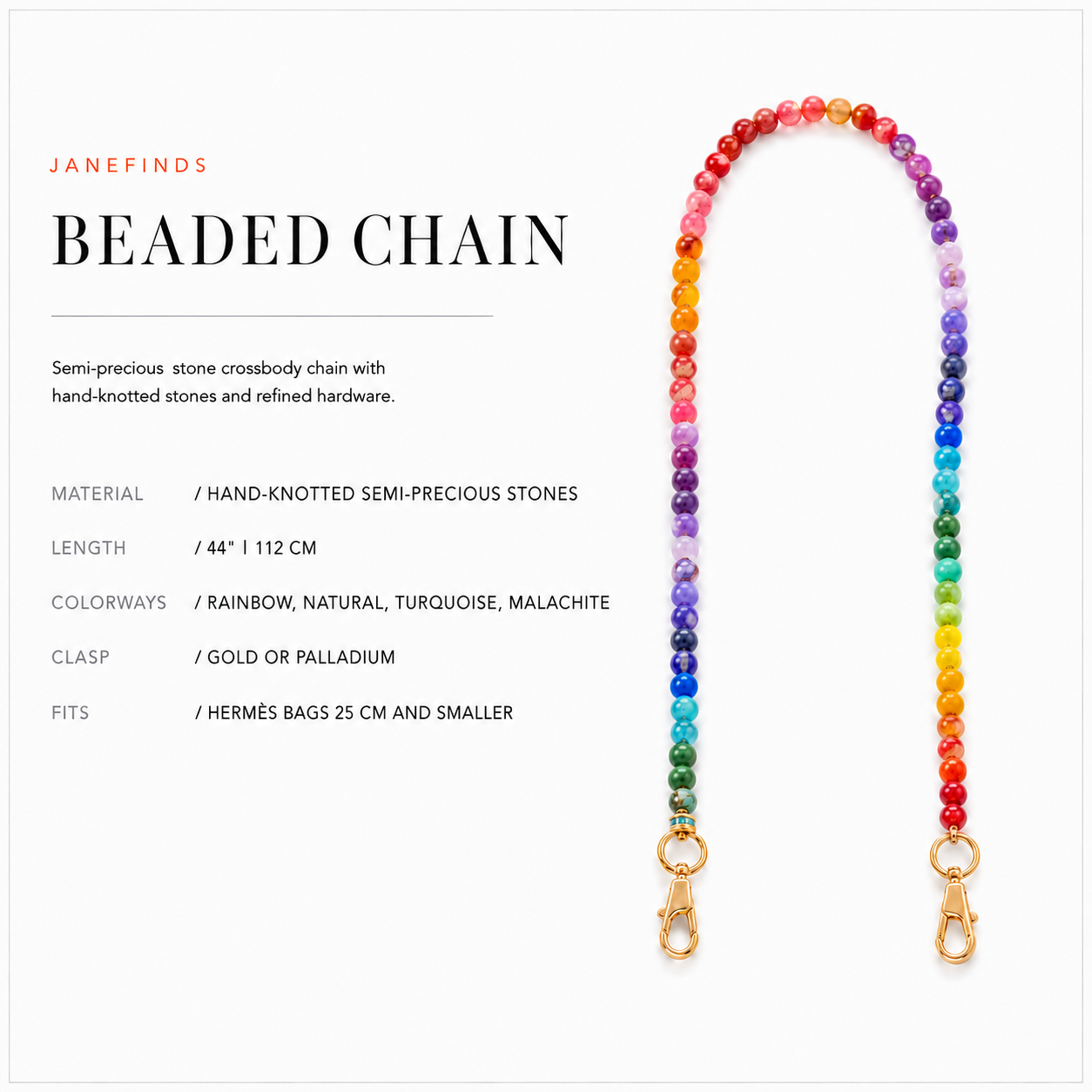 JaneFinds Beaded Chain card: hand-knotted semi-precious stones, 44 inch, four colorways, gold or palladium clasp