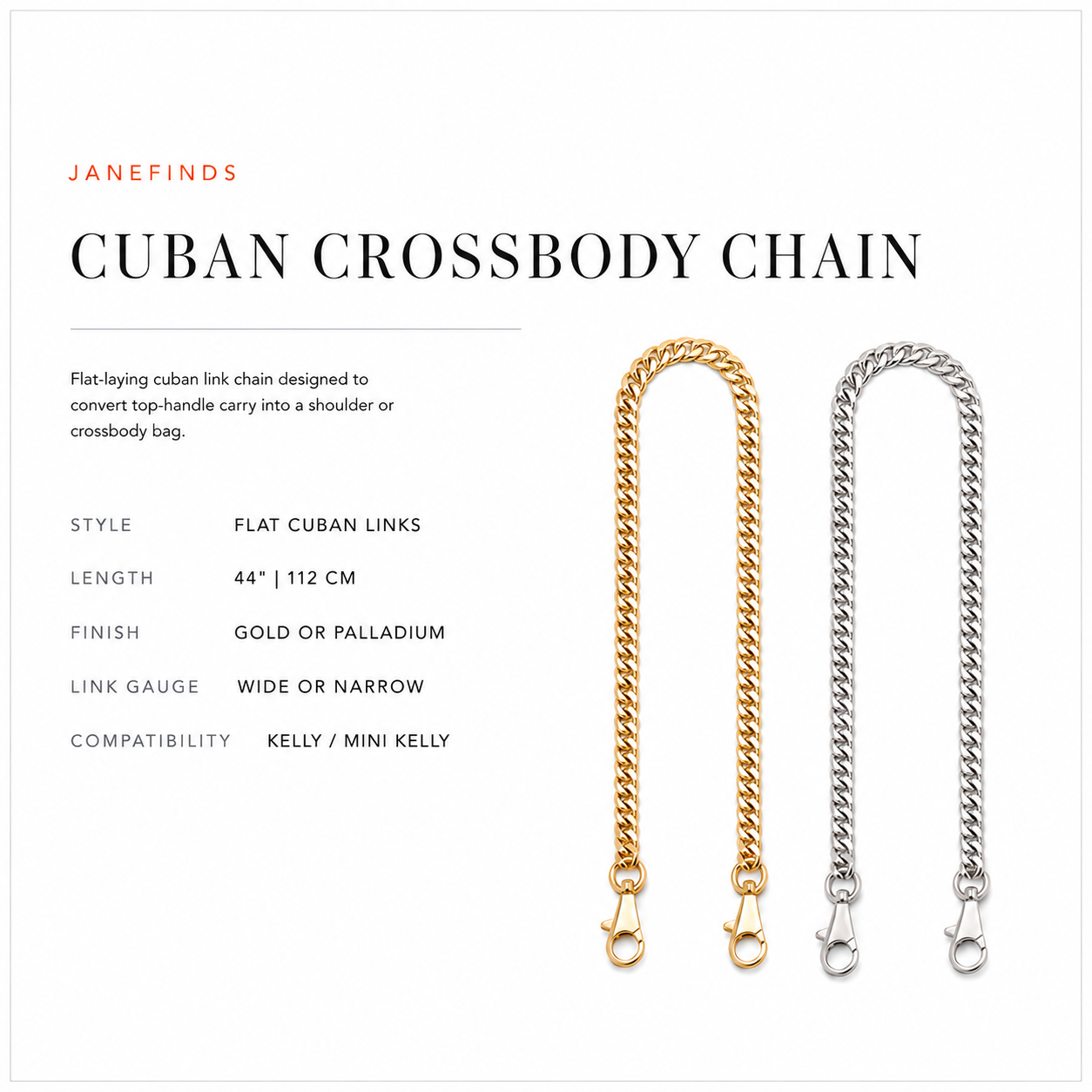 JaneFinds Cuban Crossbody Chain card: flat Cuban links, 44 inch, gold or palladium, wide or narrow gauge