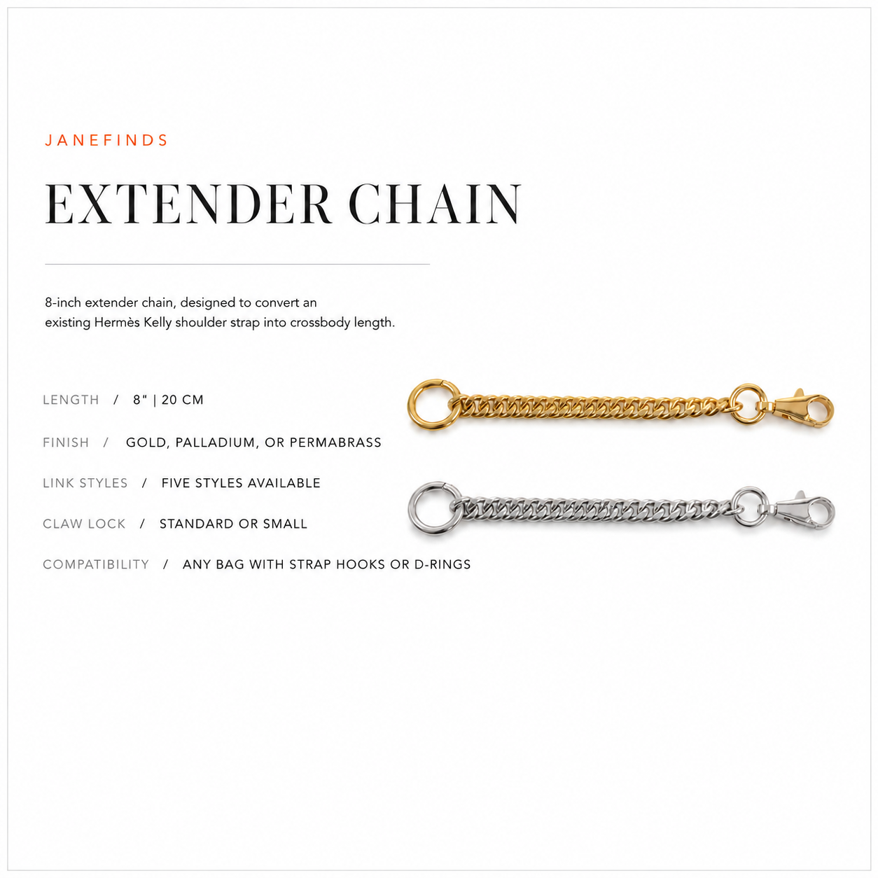 JaneFinds Extender Chain card: 8-inch extender, five link styles, gold, palladium, or Permabrass, standard or small claw lock