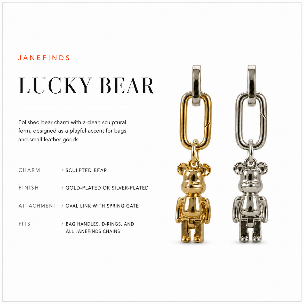 JaneFinds Lucky Bear card: sculpted bear charm, gold-plated or silver-plated, oval link with spring gate