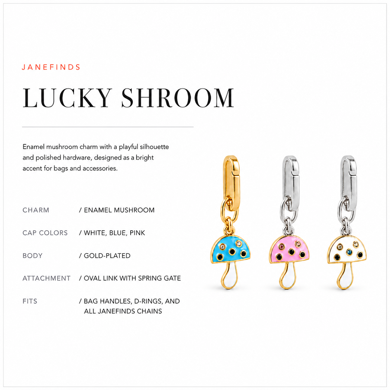 JaneFinds Lucky Shroom card: enamel mushroom charm, white, blue, or pink cap, gold-plated body, oval link with spring gate