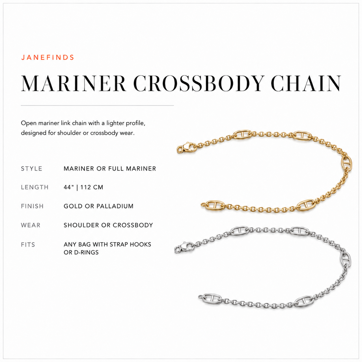 JaneFinds Mariner Crossbody Chain card: Mariner or Full Mariner links, 44 inch, gold or palladium