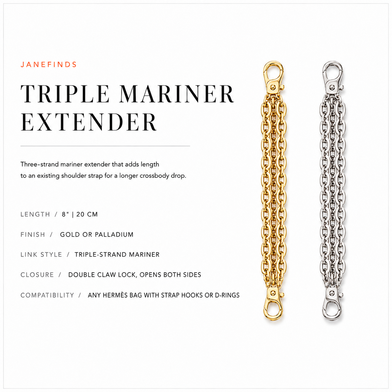 JaneFinds Triple Mariner Extender card: 8-inch triple-strand mariner, gold or palladium, double claw locks