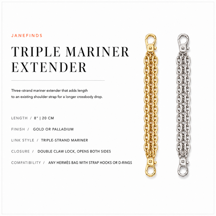 JaneFinds Triple Mariner Extender card: 8-inch triple-strand mariner, gold or palladium, double claw locks