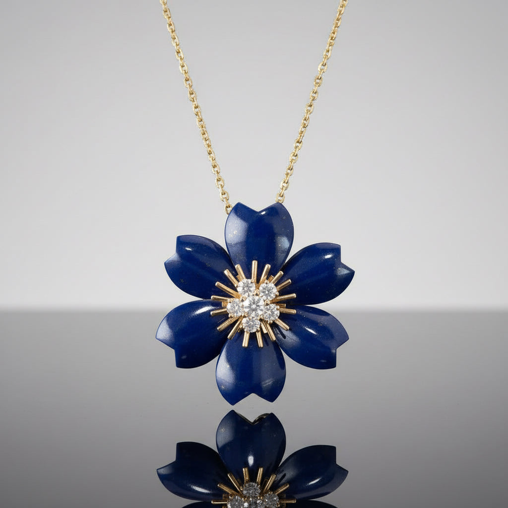 Van Cleef & Arpels Rose de Noël Clip Pendant Small Model Lapis Lazuli Diamond 18K Yellow Gold