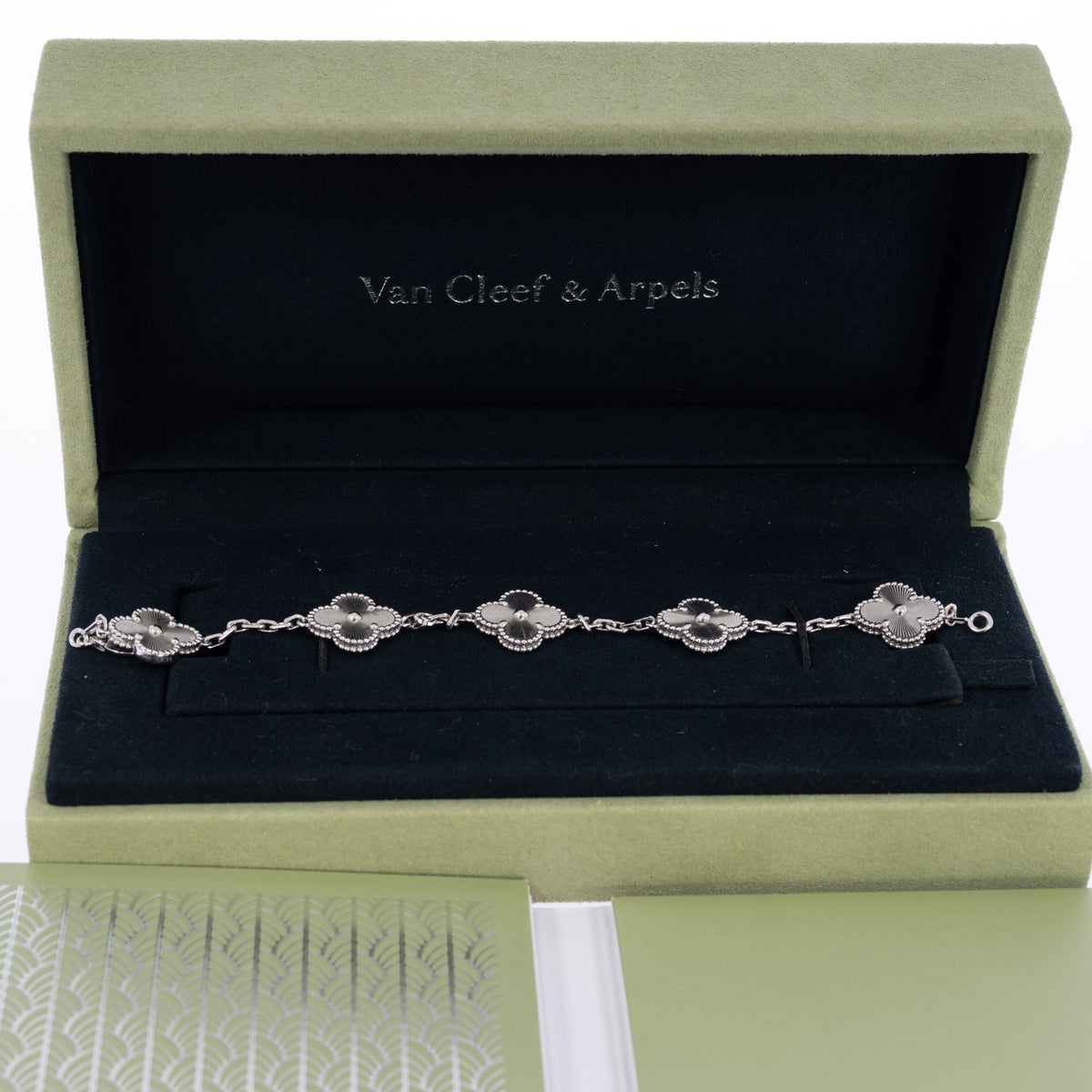 Van Cleef & Arpels Vintage Alhambra 5-Motif Guilloché Bracelet 18K White Gold, front view in its presentation box