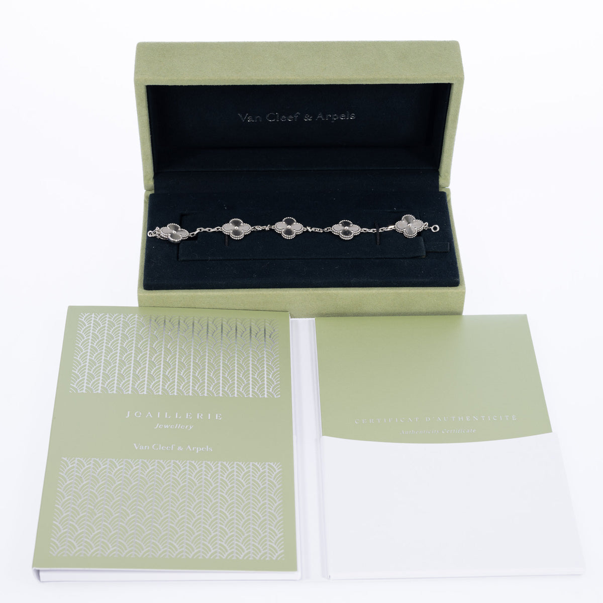 Van Cleef & Arpels Vintage Alhambra 5-Motif Guilloché Bracelet 18K White Gold, with box, booklet and certificate