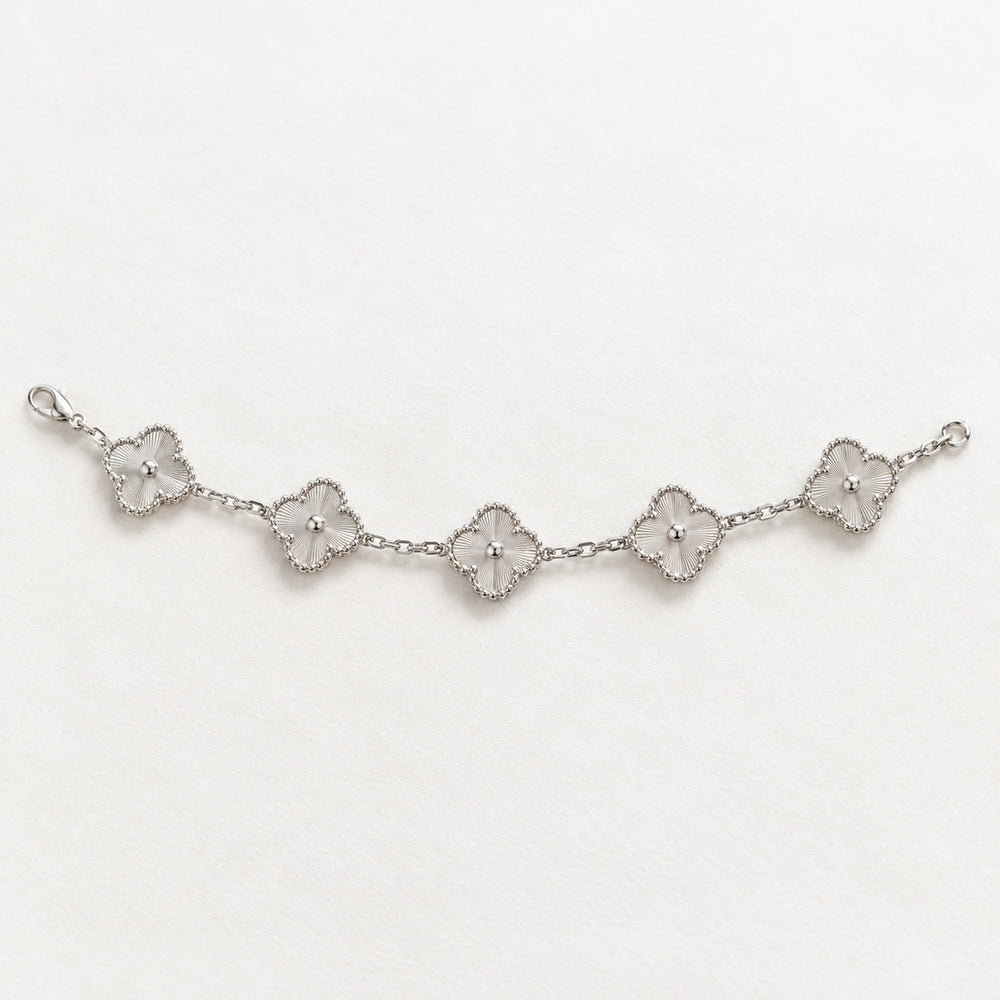 Van Cleef & Arpels Vintage Alhambra 5-Motif Guilloché Bracelet 18K White Gold, laid flat, full length
