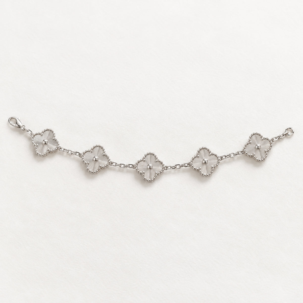 Van Cleef & Arpels Vintage Alhambra 5-Motif Guilloché Bracelet 18K White Gold, laid flat, full length