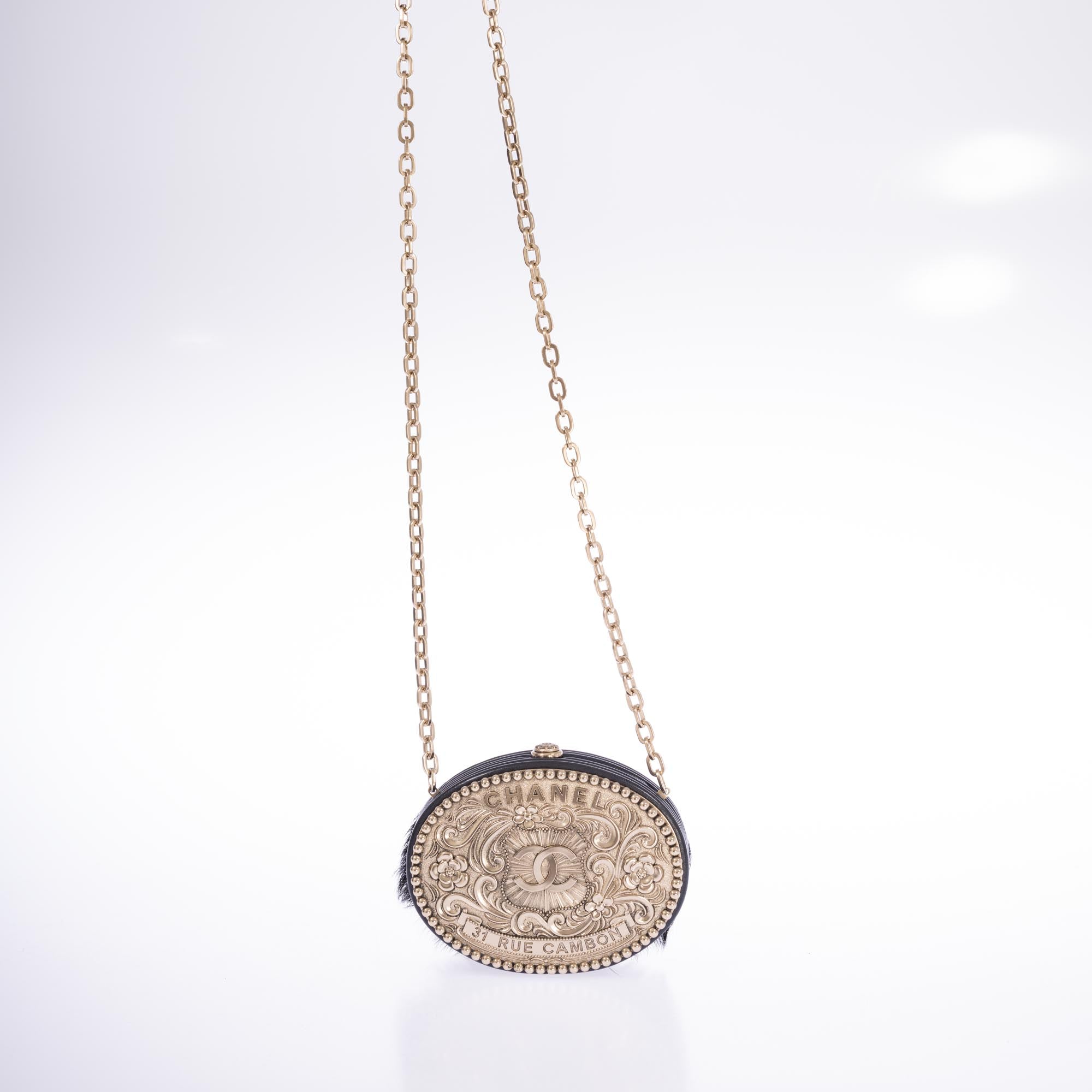 Vintage Chanel Paris-Dallas Black Leather & Pony-hair Belt Buckle Minaudière Palladium Hardware