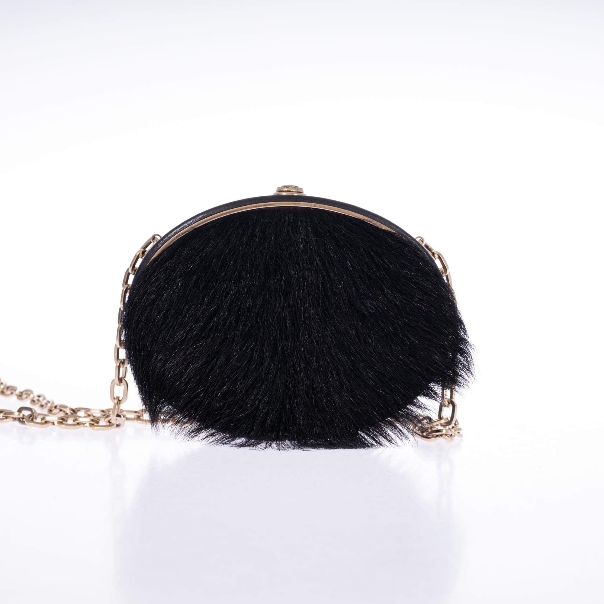 Vintage Chanel Paris-Dallas Black Leather & Pony-hair Belt Buckle Minaudière Palladium Hardware