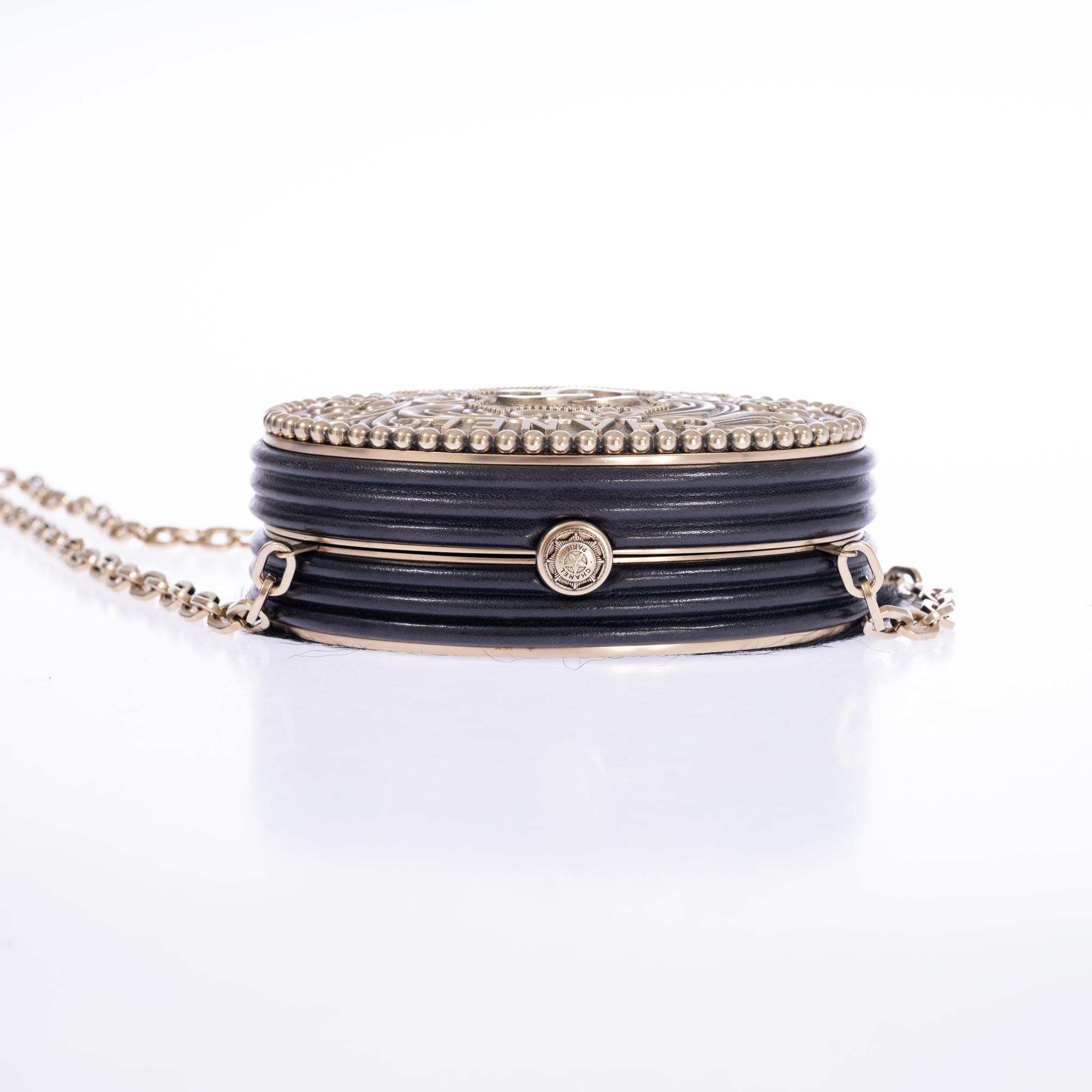 Vintage Chanel Paris-Dallas Black Leather & Pony-hair Belt Buckle Minaudière Palladium Hardware