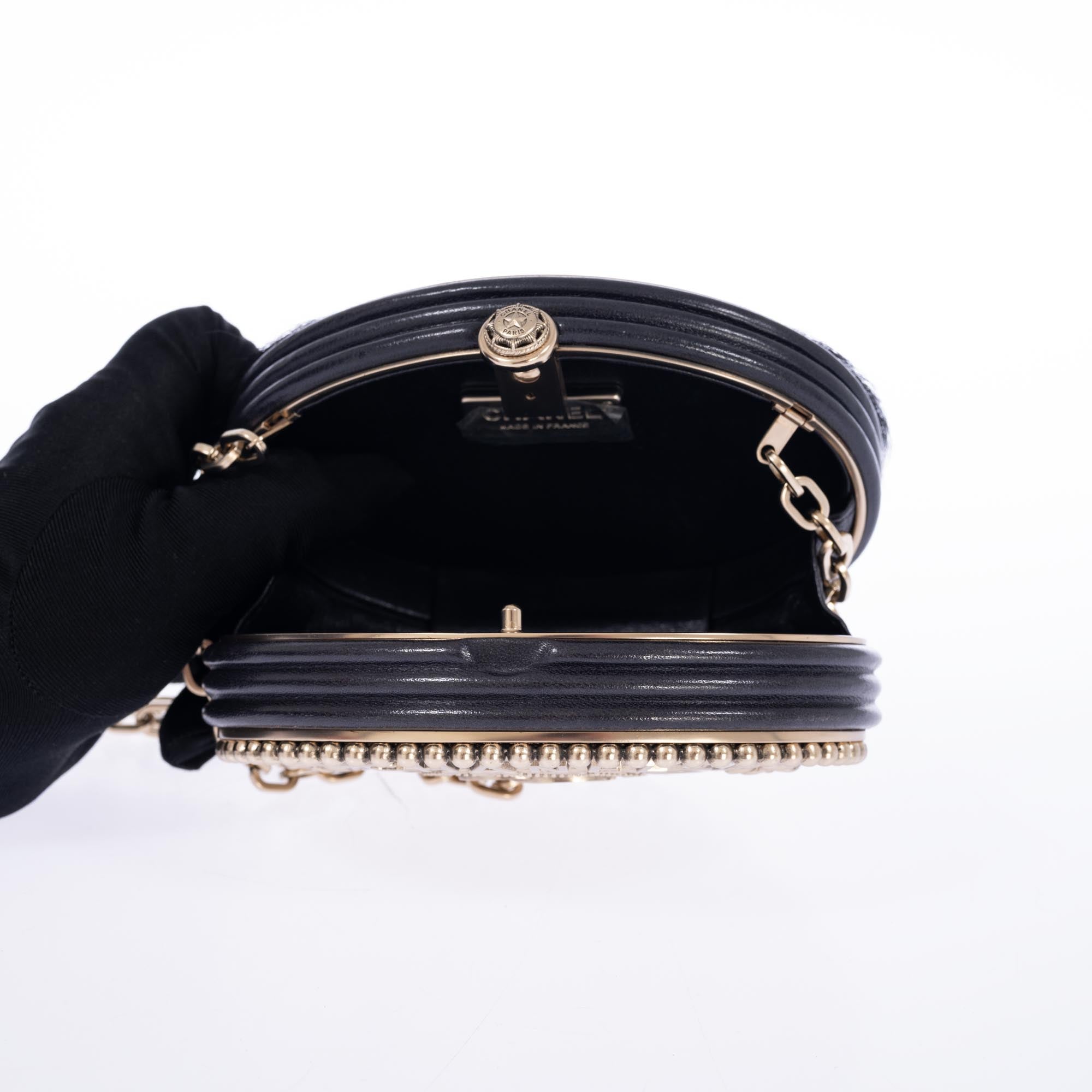 Vintage Chanel Paris-Dallas Black Leather & Pony-hair Belt Buckle Minaudière Palladium Hardware