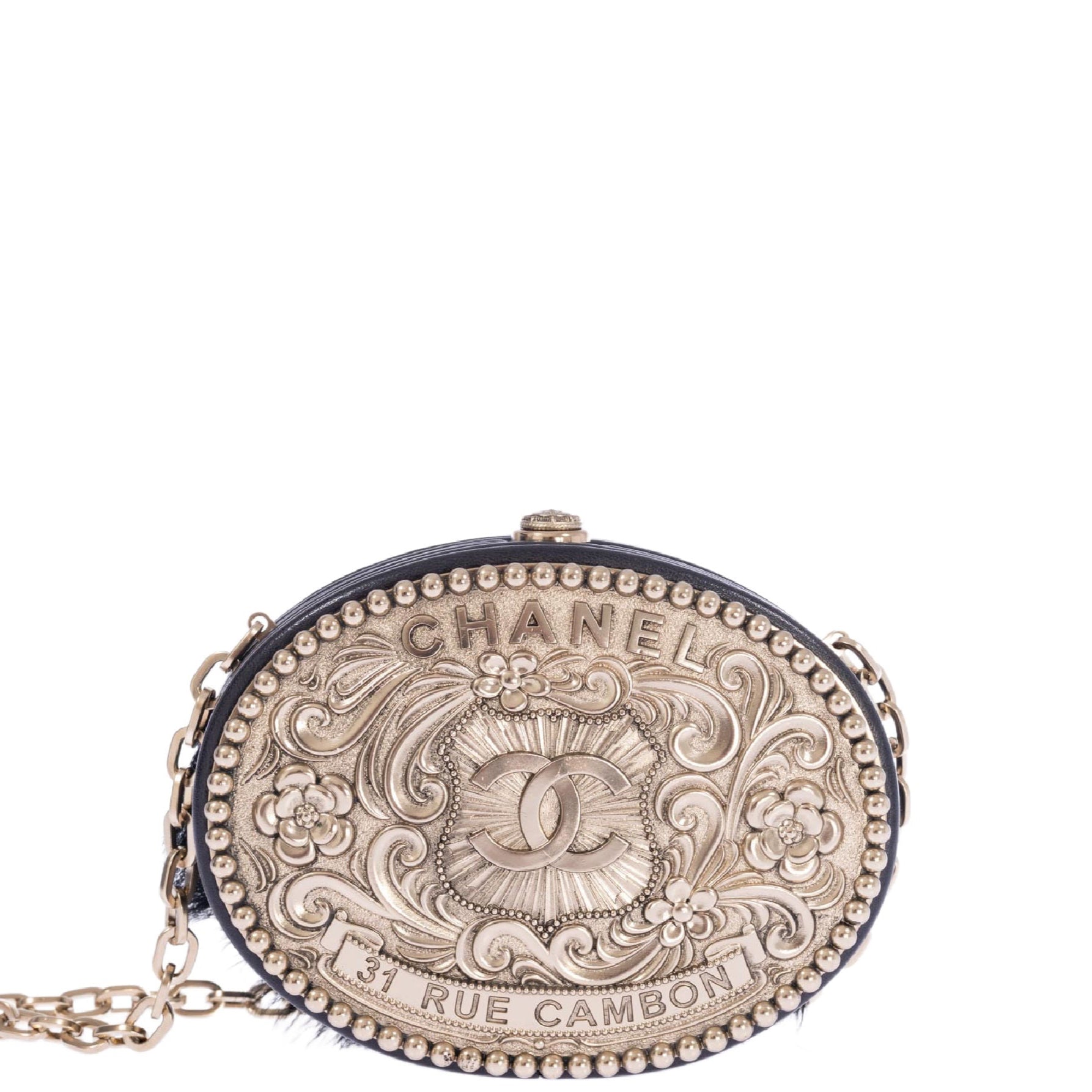 Vintage Chanel Paris-Dallas Black Leather & Pony-hair Belt Buckle Minaudière Palladium Hardware