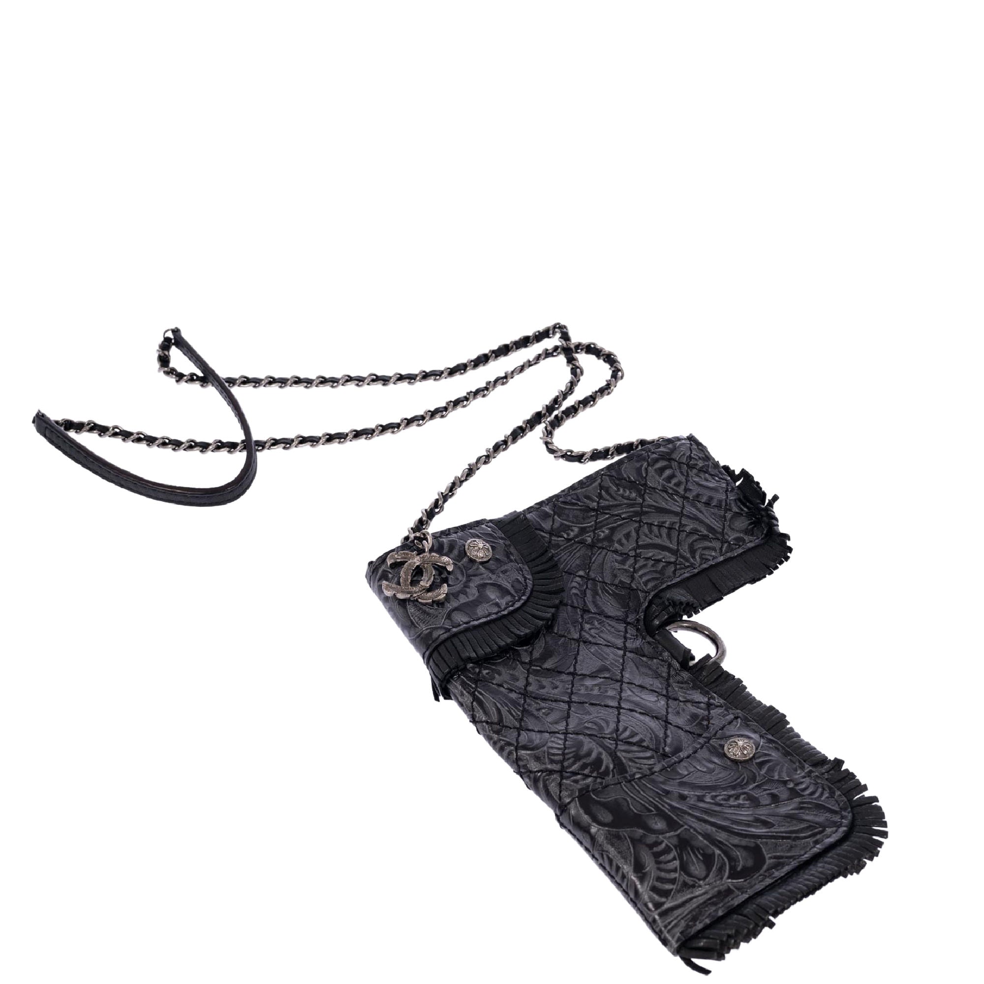 Vintage Chanel Rare Limited Fringe Black Embossed Gun Holster Crossbody Bag