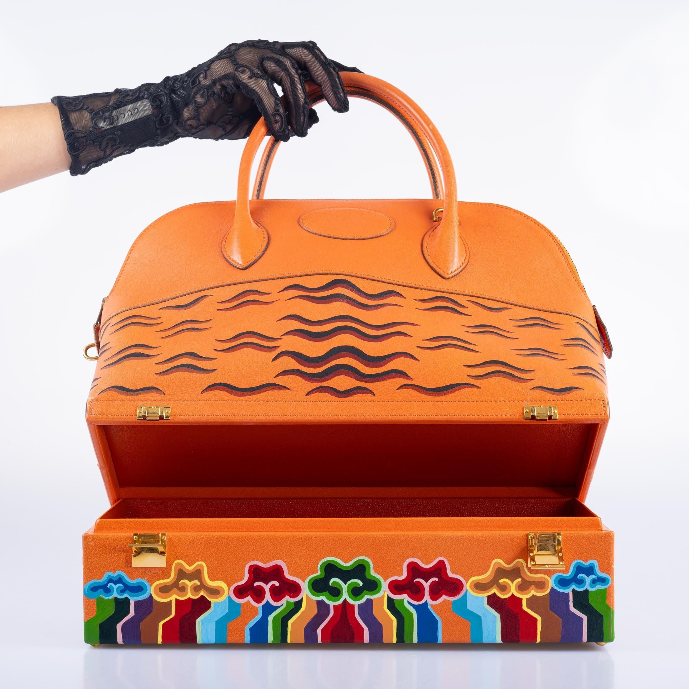 Vintage Hermès Custom Painted ‘Tibetan Tiger’ Bolide MacPherson Orange H Gulliver Gold Hardware