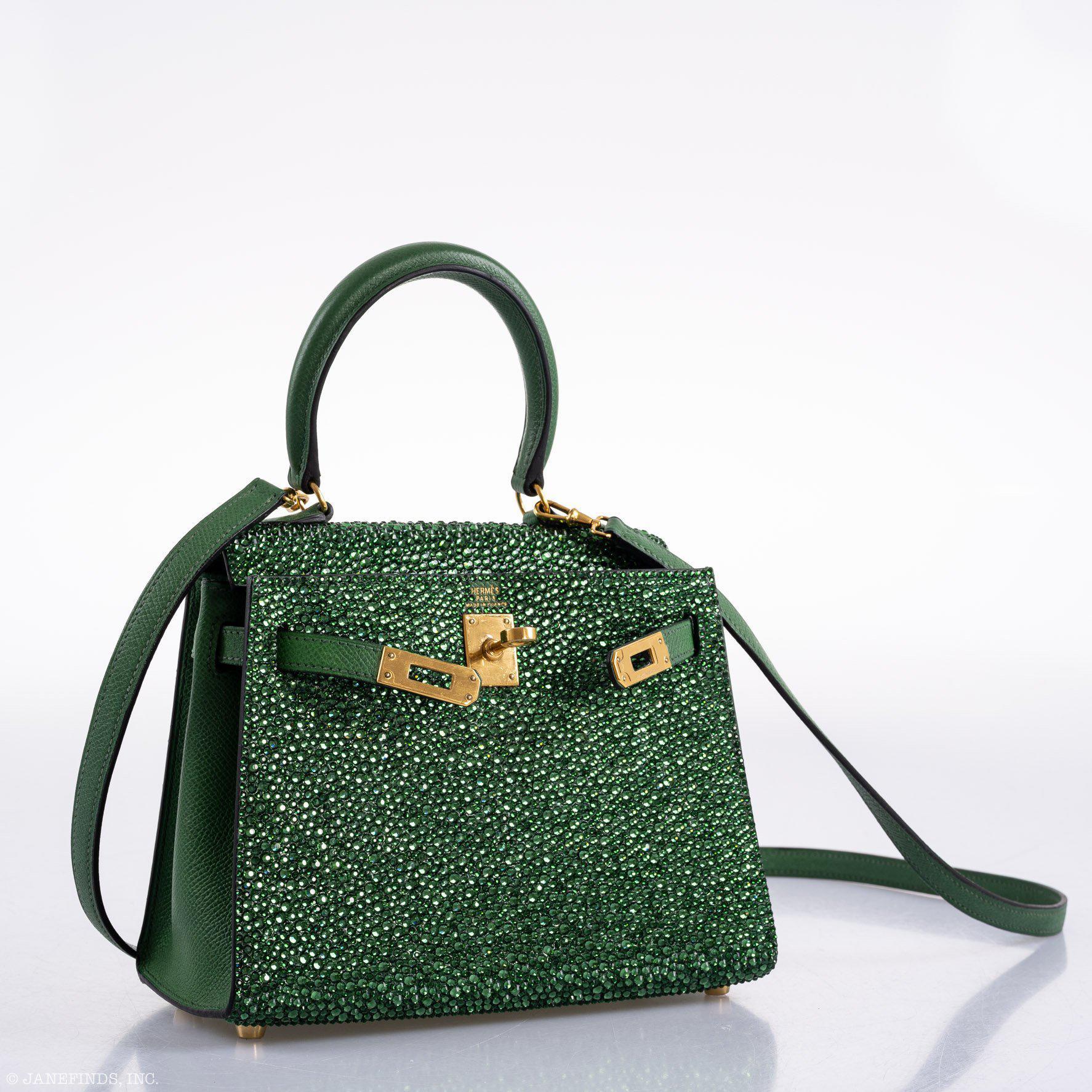 Vintage Hermès Emerald Kelly of Oz 20cm with Swarovski Crystals Epsom Gold Hardware