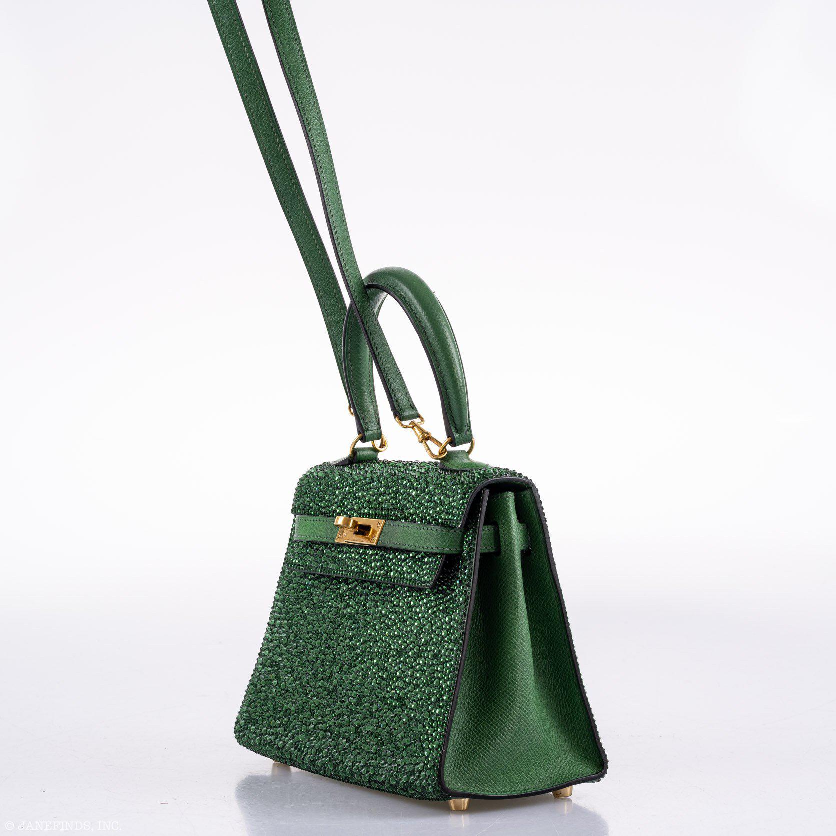 Vintage Hermès Emerald Kelly of Oz 20cm with Swarovski Crystals Epsom Gold Hardware