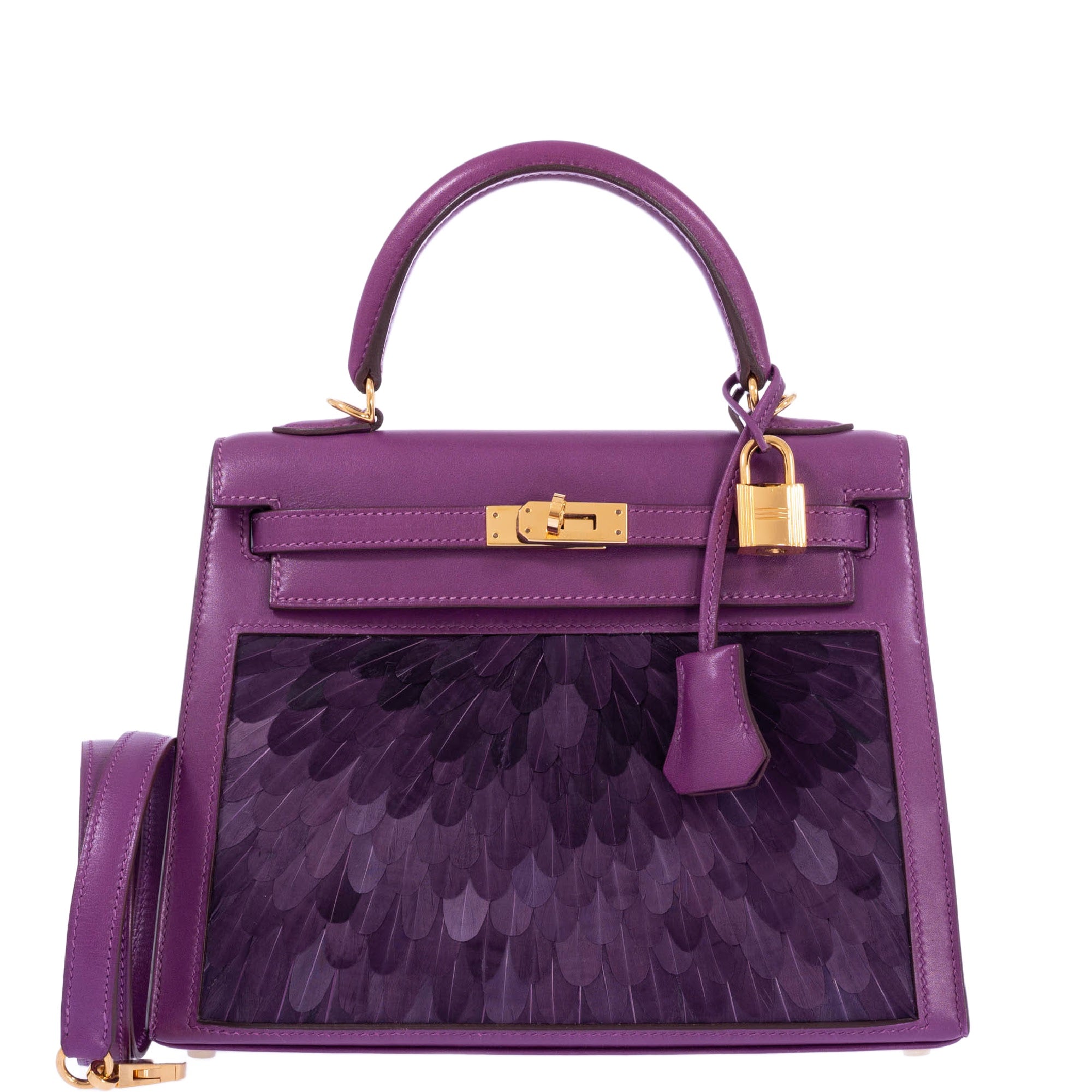 Vintage Hermès Kelly 25 Sellier Violet Custom Feather Tadelakt Leather Gold Hardware