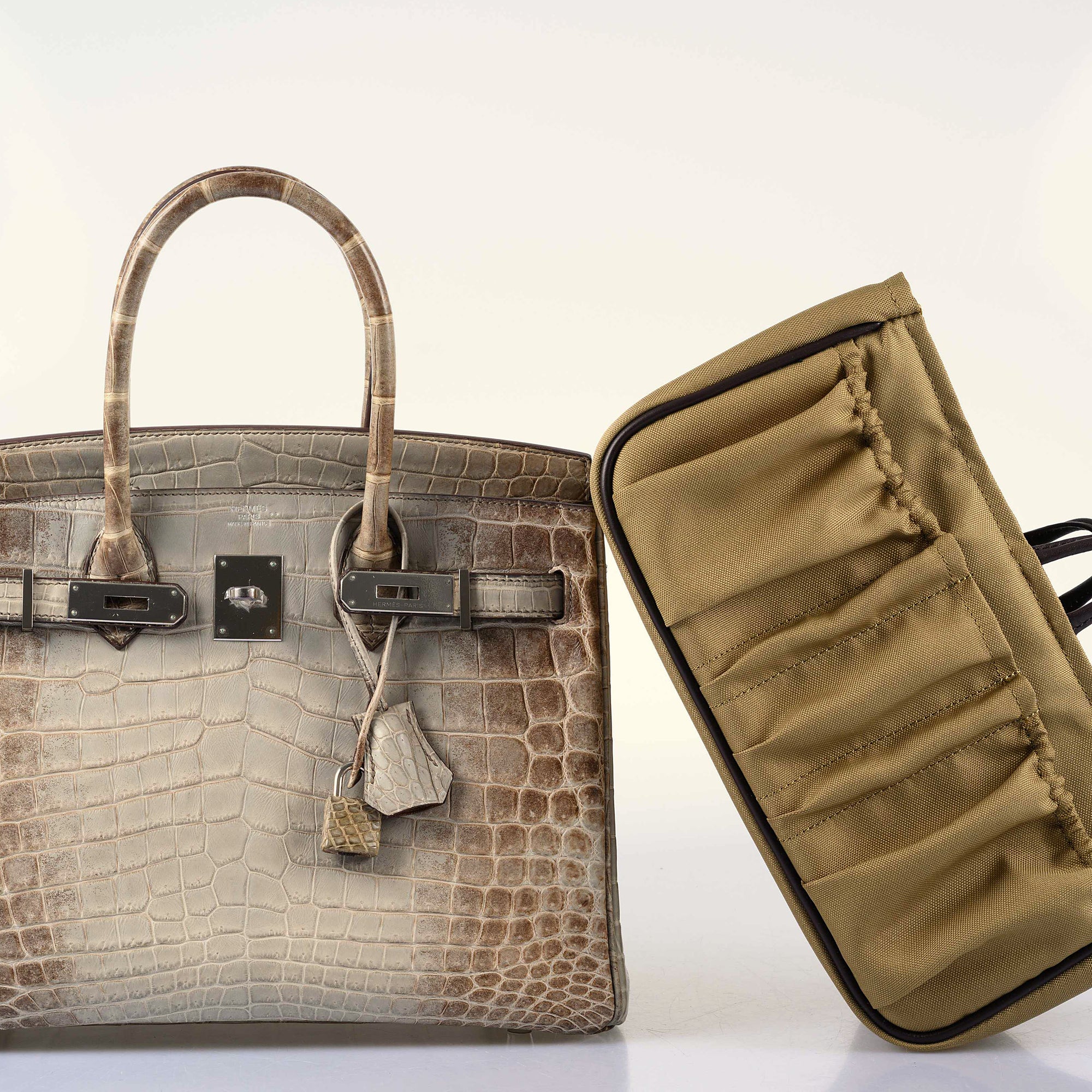 The Baginizer structured insert in Beige, shown beside an Hermès Birkin in crocodile