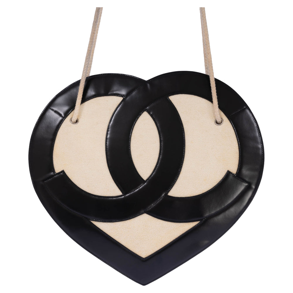 Chanel Jumbo Heart Tote Cream Terry Cloth and Black Lambskin Silver Hardware