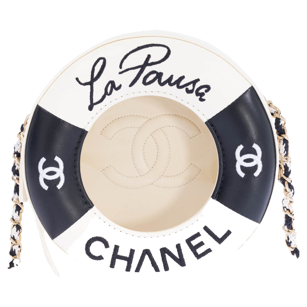 Chanel La Pausa Lifesaver Round Bag White and Black Lambskin Gold Hardware