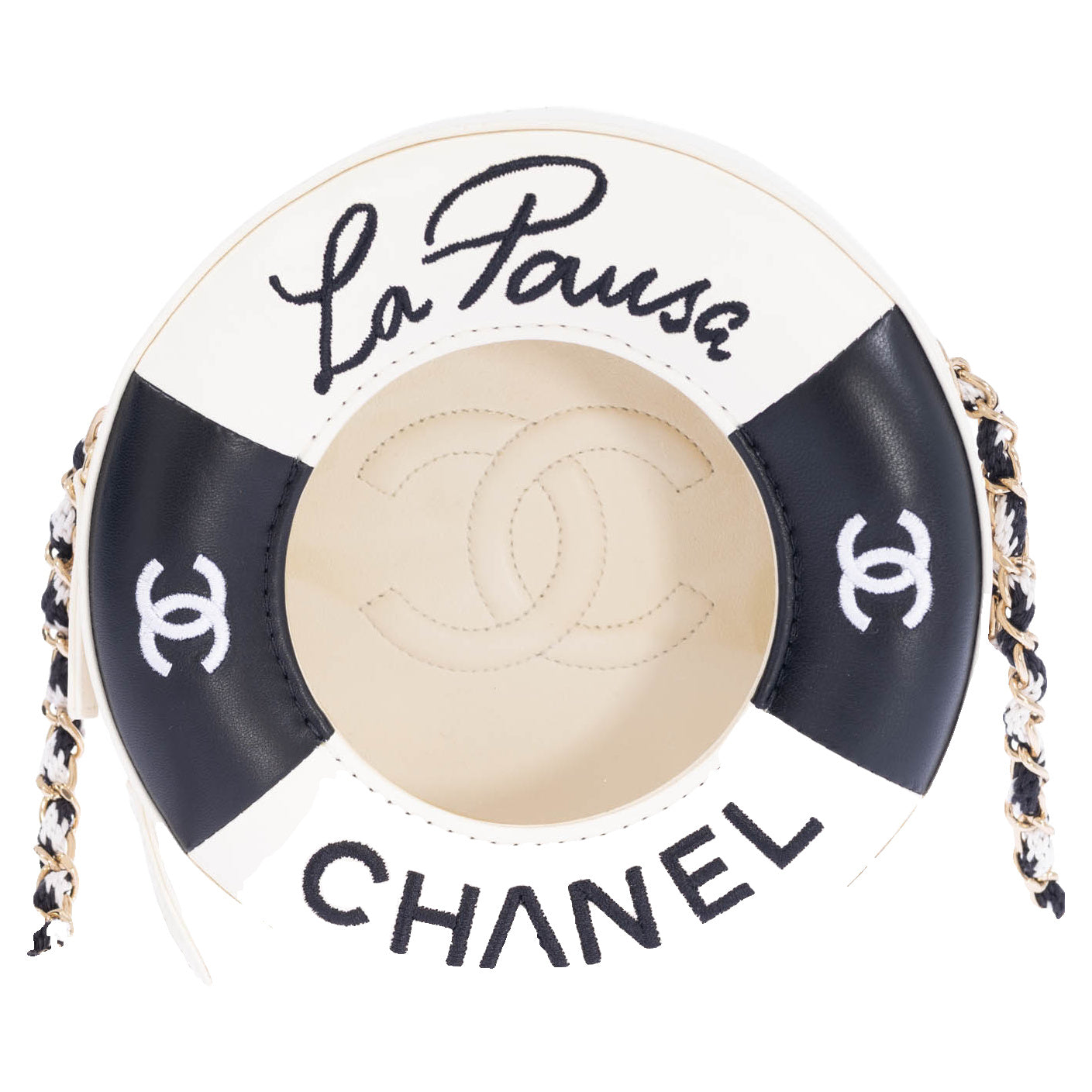 Chanel La Pausa Lifesaver Round Bag White and Black Lambskin Gold Hardware