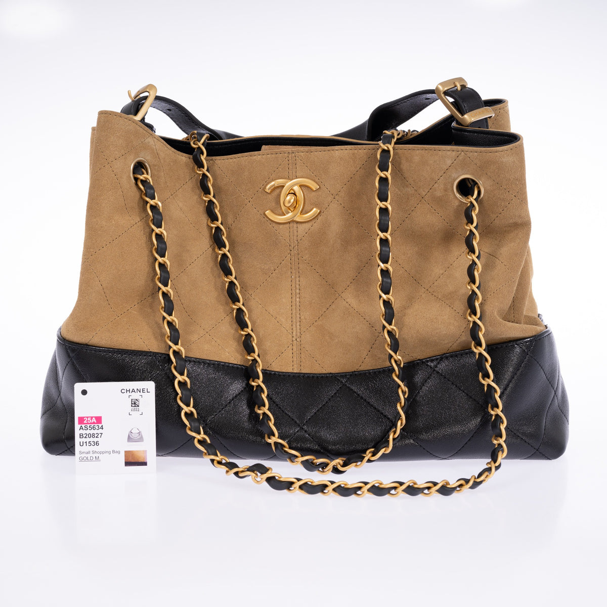 Chanel Small Coco Base Shopping Bag beige suede and black leather gold-tone hardware