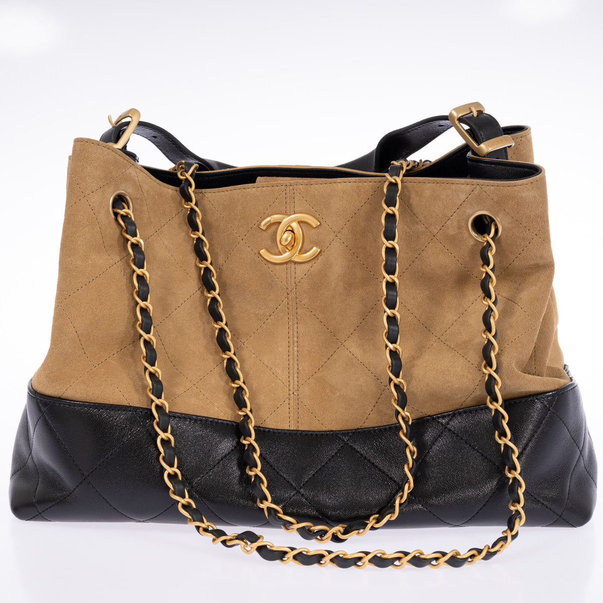 Chanel Small Coco Base Shopping Bag beige suede and black leather gold-tone hardware