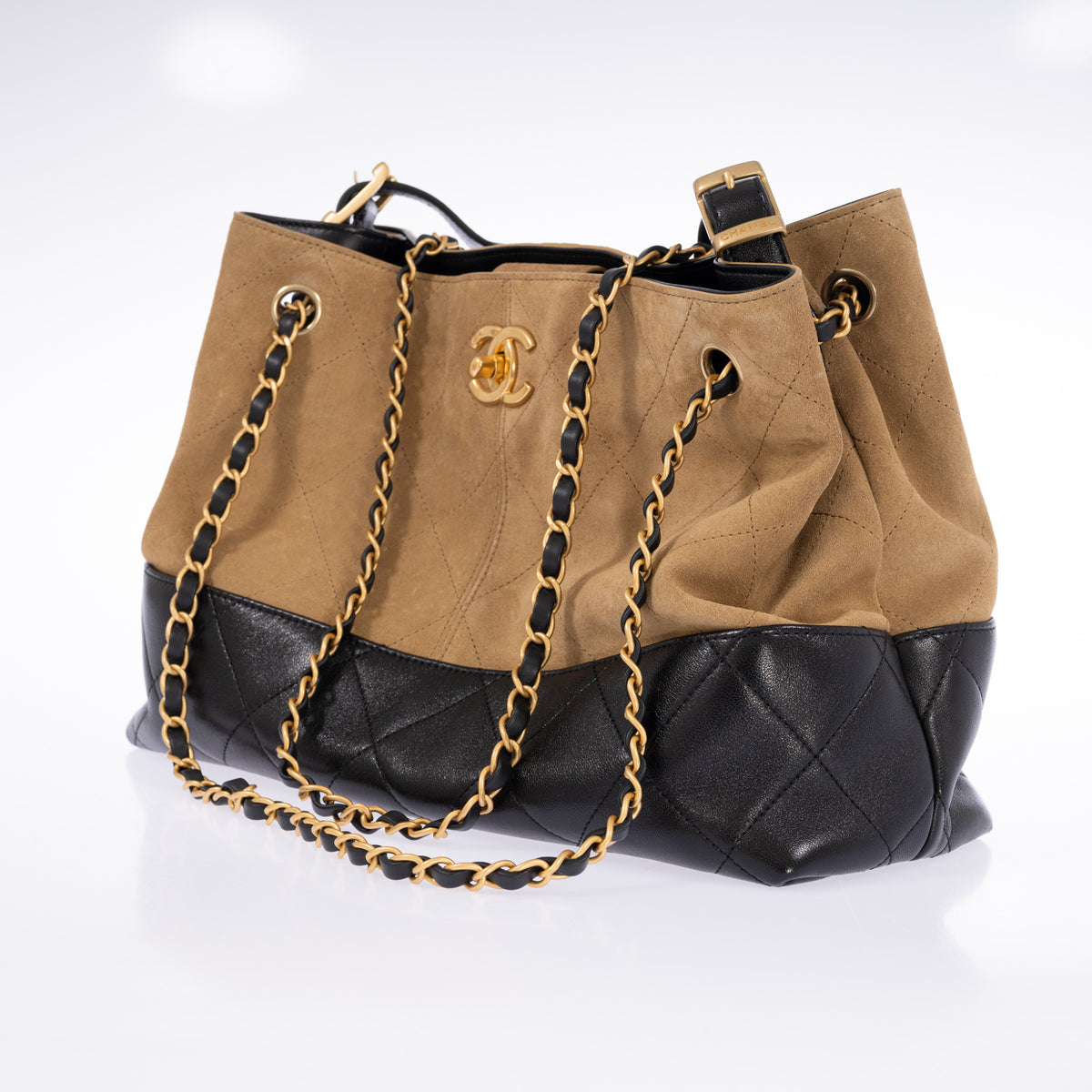 Chanel Small Coco Base Shopping Bag beige suede and black leather gold-tone hardware