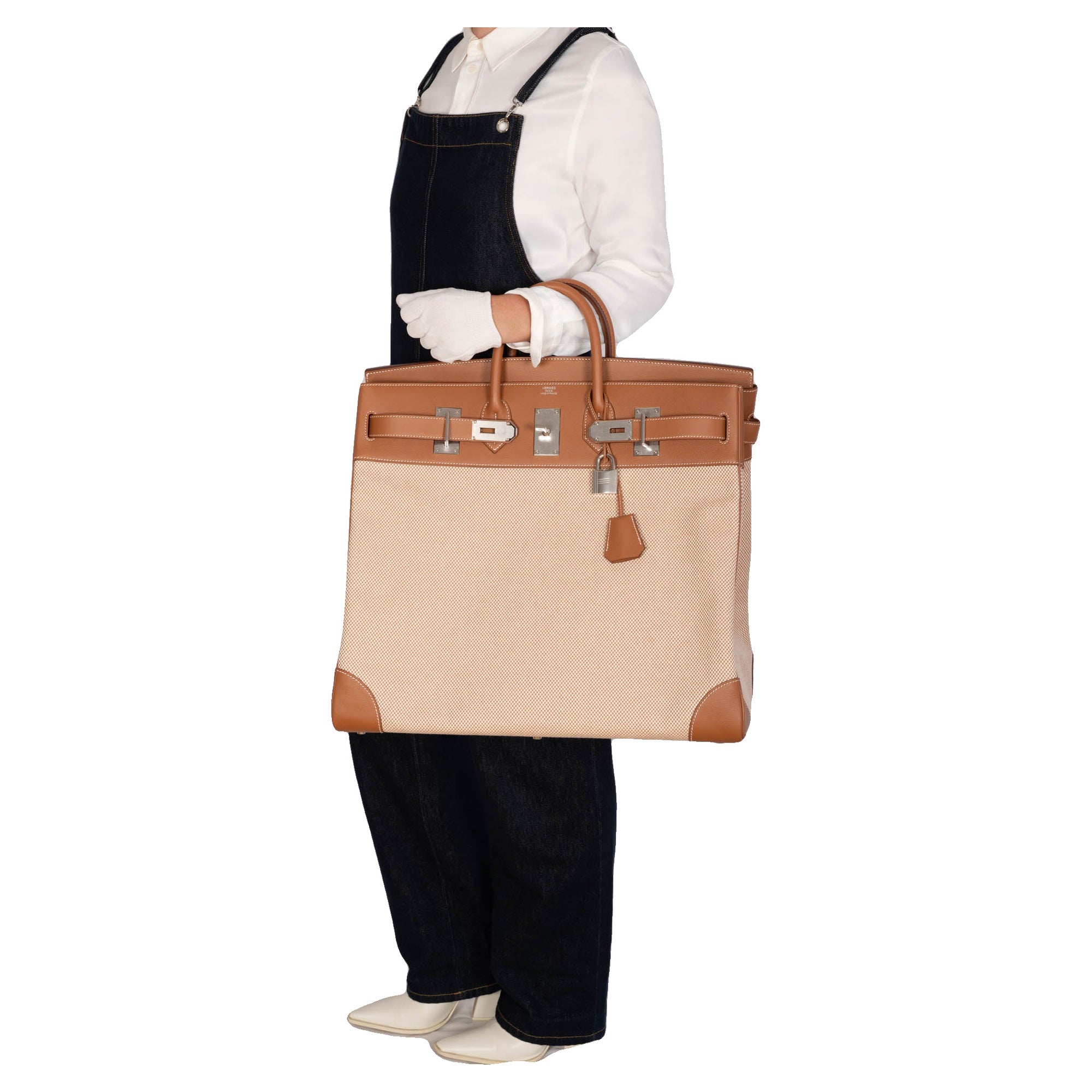 Hermès HAC 50 Ecru Beige Toile Criss and Gold Evercolor Palladium Hardware