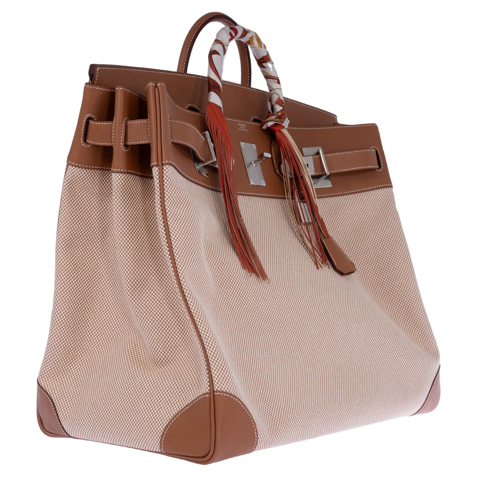 Hermès HAC 50 Ecru Beige Toile Criss and Gold Evercolor Palladium Hardware