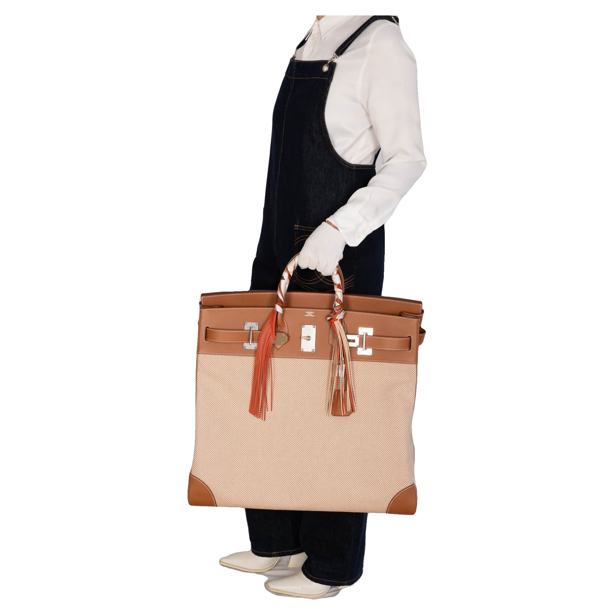 Hermès HAC 50 Ecru Beige Toile Criss and Gold Evercolor Palladium Hardware