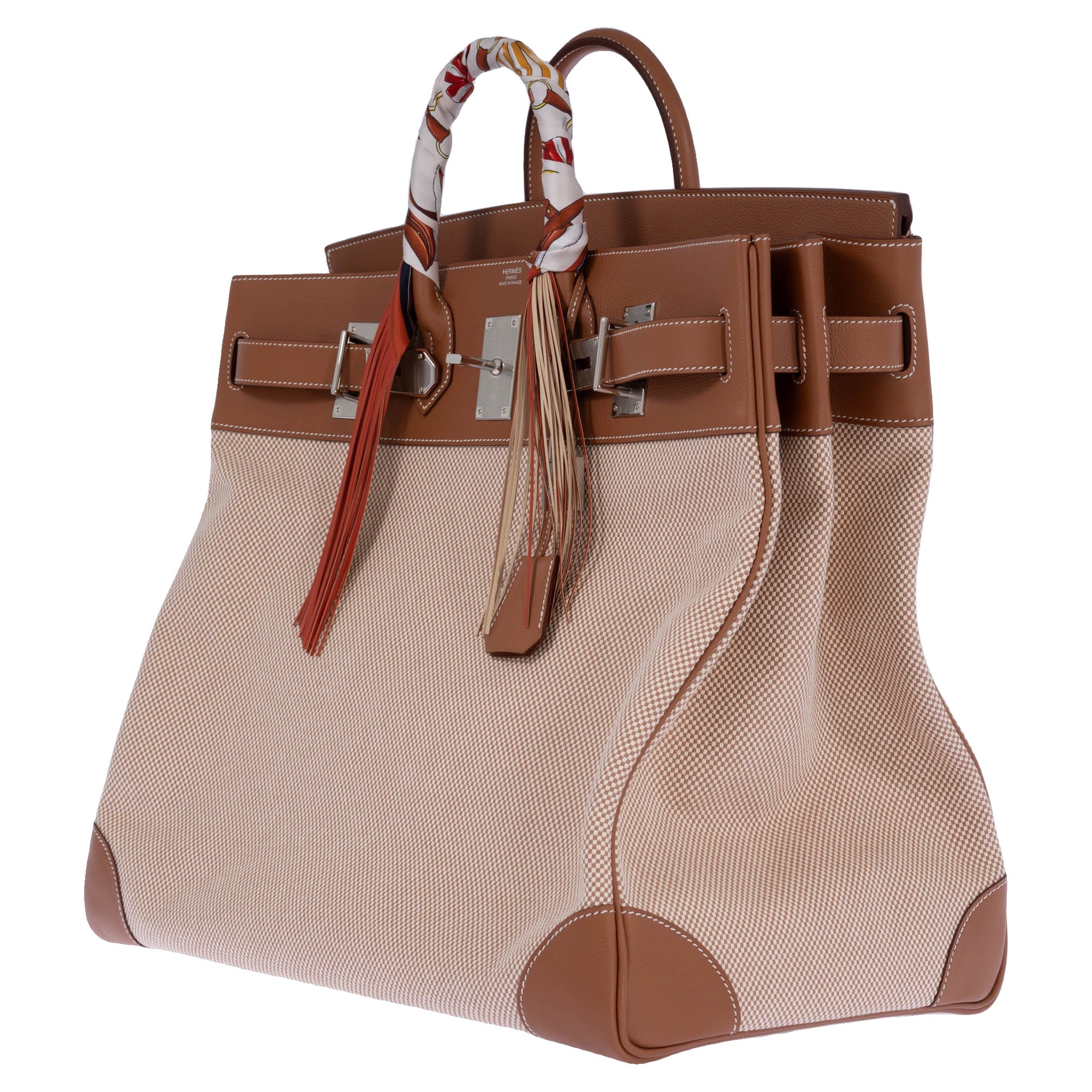 Hermès HAC 50 Ecru Beige Toile Criss and Gold Evercolor Palladium Hardware
