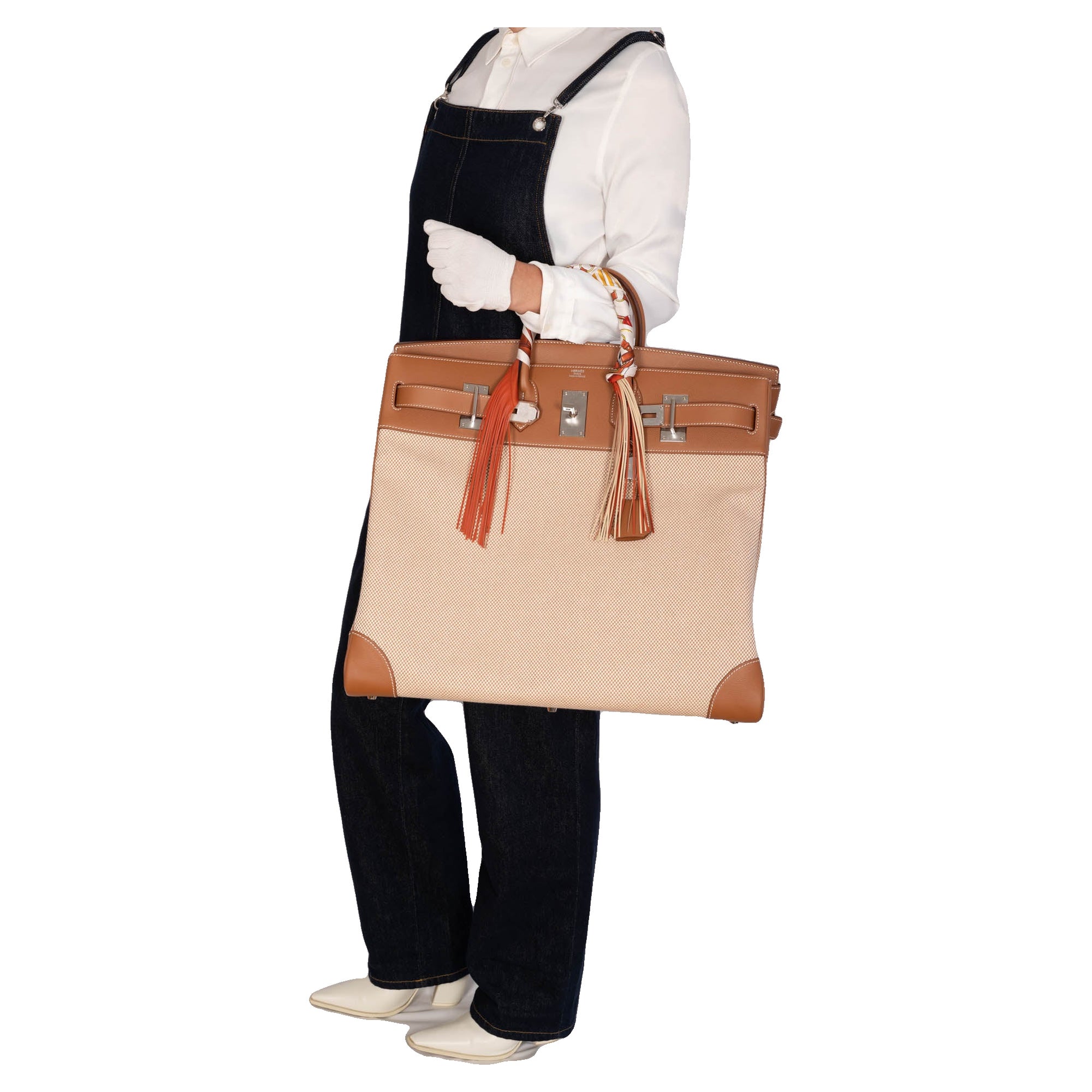 Hermès HAC 50 Ecru Beige Toile Criss and Gold Evercolor Palladium Hardware