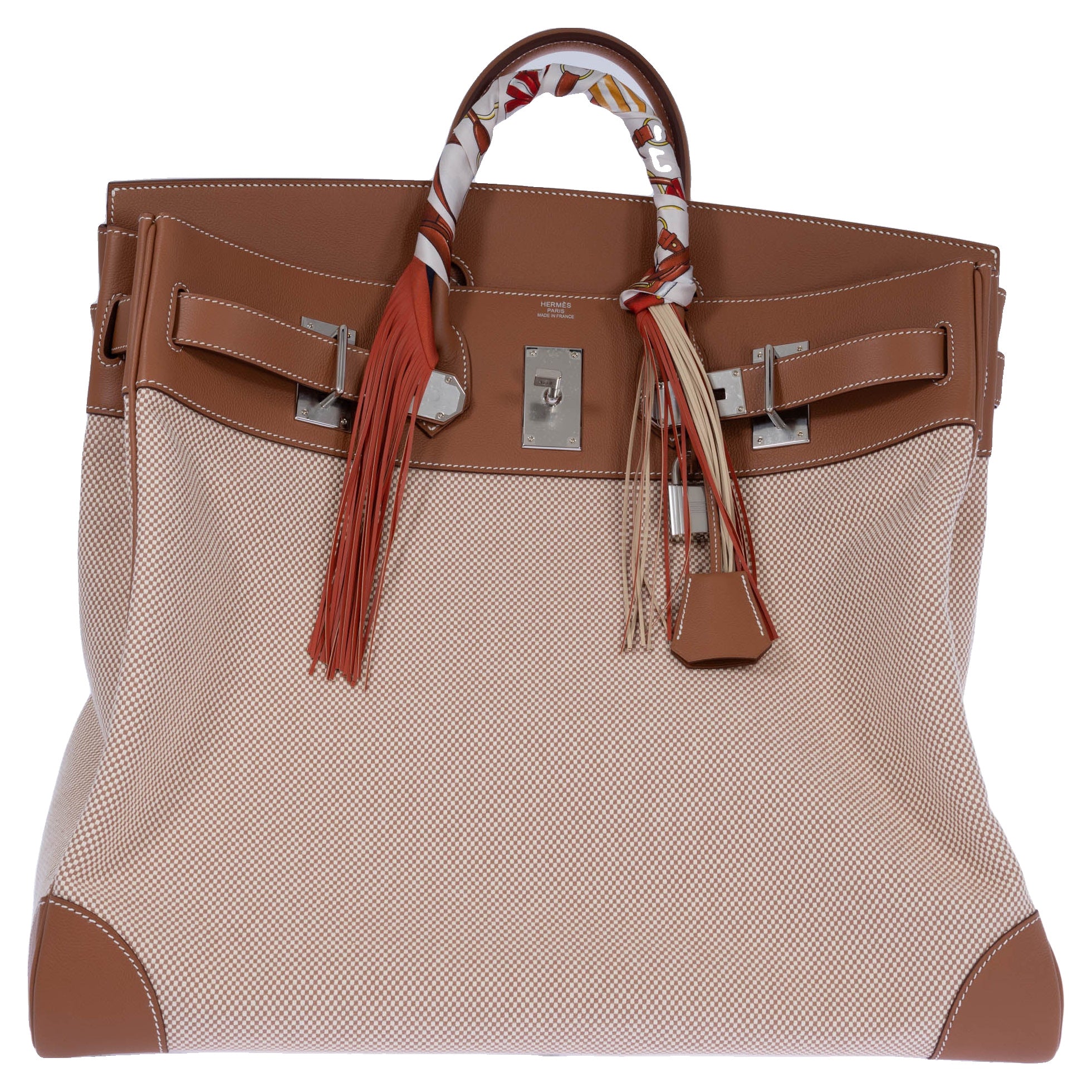 Hermès HAC 50 Ecru Beige Toile Criss and Gold Evercolor Palladium Hardware