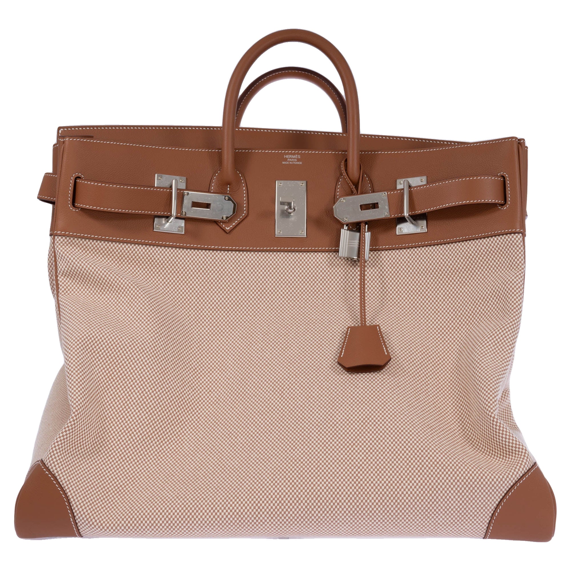 Hermès HAC 50 Ecru Beige Toile Criss and Gold Evercolor Palladium Hardware