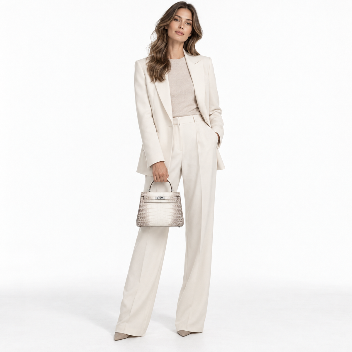 Hermès Kelly 25 Himalaya with palladium hardware, hand-carried by a model in an ivory suit.