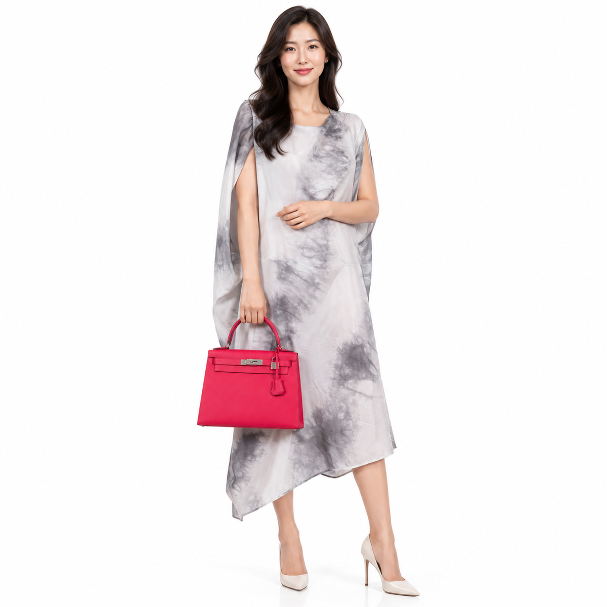 Hermès Kelly 28 Sellier Rose Extreme Epsom leather Palladium Hardware shown on a model