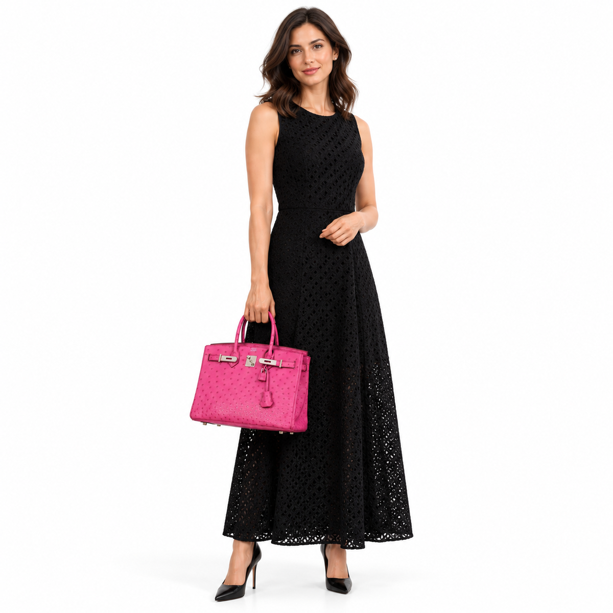 Hermès Birkin 30 Fuchsia Ostrich Palladium Hardware shown on a model